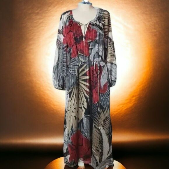 TOMMY BAHAMA Romantic Mermaid Ethereal Sheer Hibiscus Romance Midi Dress~$225 - Picture 3 of 13